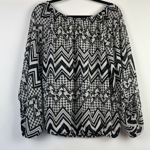 Cedar Rose Women's Chevron Houndstooth Sheer Off-Shoulder Top Black Medium - Picture 2 of 8